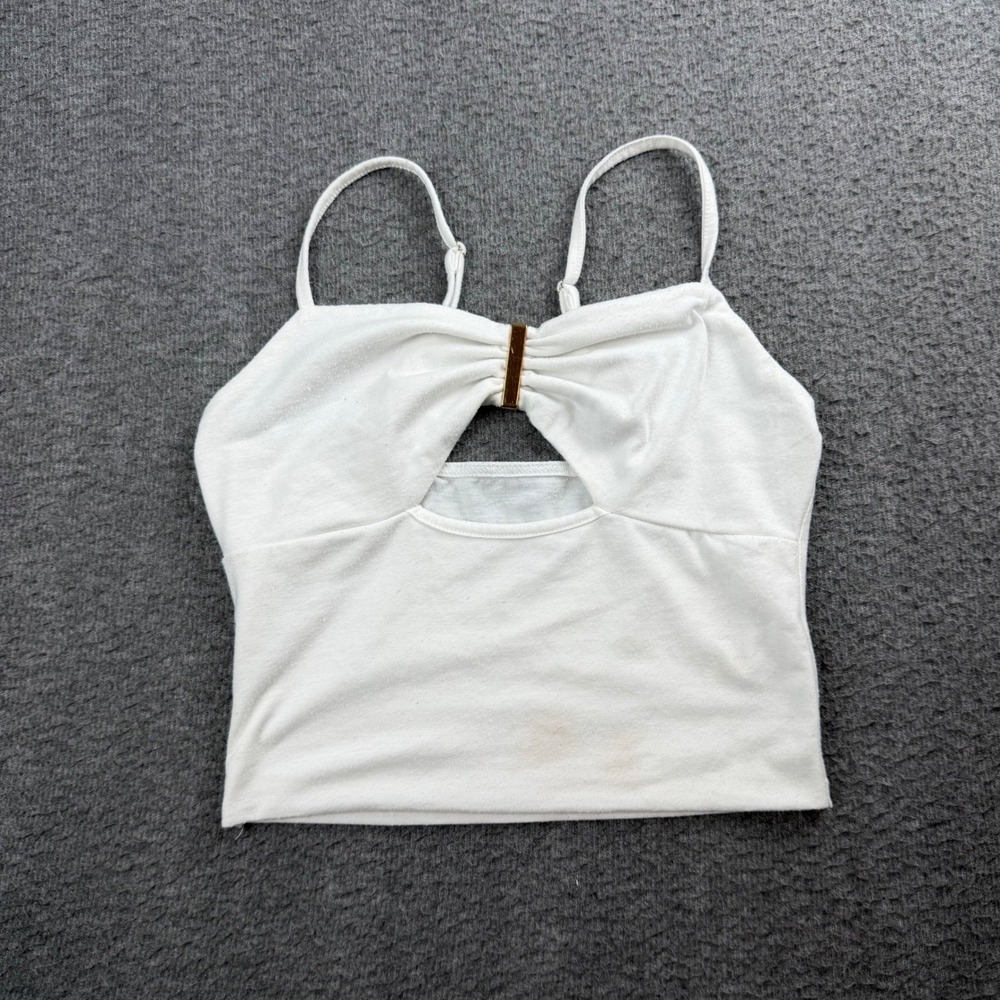 SHEIN Cami Top Womens Small White Cutout Gold Bar Detail Cropped Spaghetti Strap